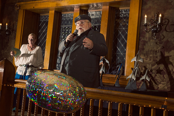 George RR Martin hands out his own "Alphie" awards at the Hugo Losers Party, August 23, 2015.